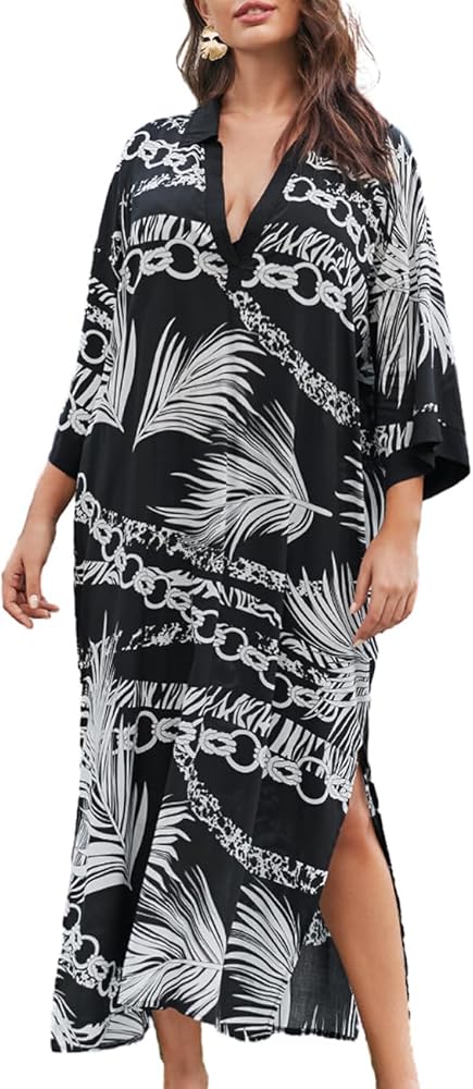 Bsubseach Kaftan Dresses for Women Bathing Suit Cover Ups Long Caftans Lapel Beach Coverup Plus Size Loungewear Black