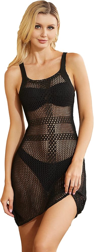 MakeMeChic Women's Crochet Cover Up Sleeveless Hollow Out Knitted Swimsuit Cover Up Dress Beachwear