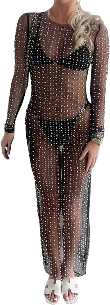 Women Bikini Cover Long Sleeve Dress with Pearl Decoration See Through Sheer Mesh Maxi Dress Bathing Suit