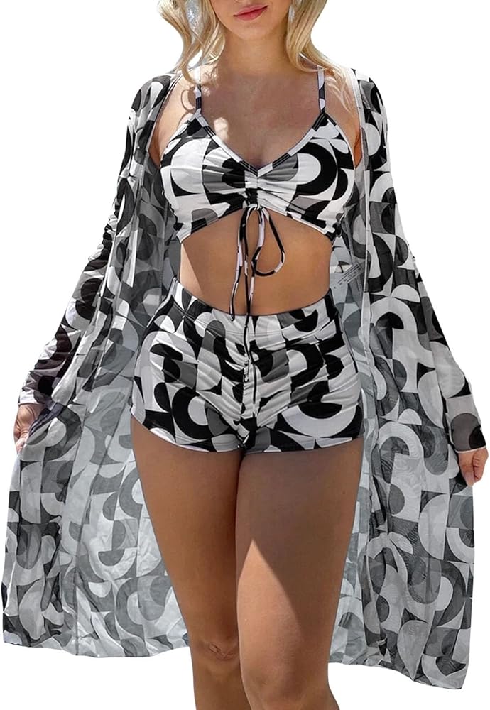 Swim Suits for Women, Women's 3 Piece Printed Drawstring Ruched Shorts Bikini Bathing Suits with Cover Ups Kimono