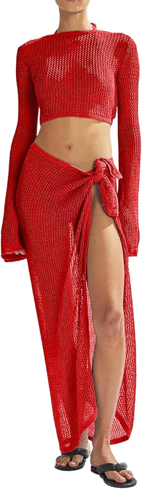 Women's Swimsuits Cover Ups Set for Crochet Bathing Suit Hollow Out 2 Piece Bikini Coverup Beach Swimwear