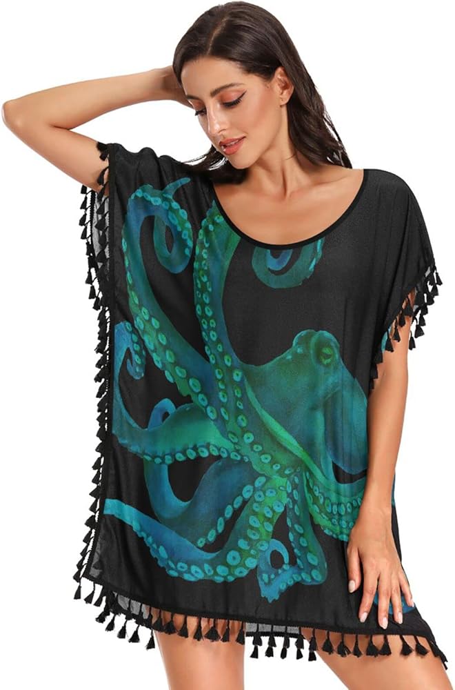 Blue Watercolor Octopus Swimsuit Coverup for Women Swim Coverup Chiffon Beach Cover Up Dress for Swimwear Bikini Beachwear,S