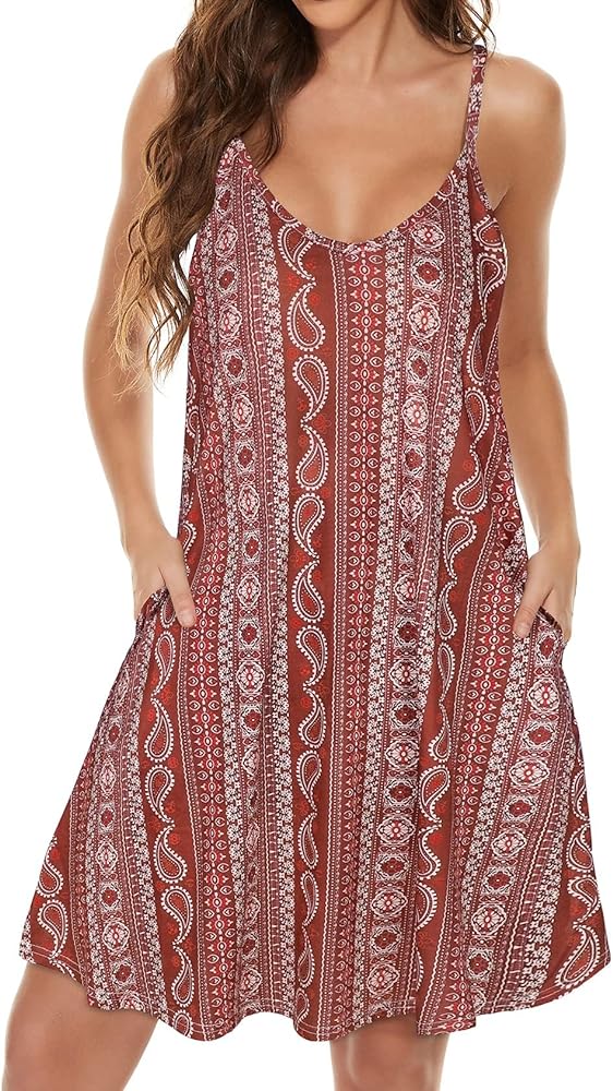 JOELLYUS Womens Summer Dresses Spaghetti Strap Sundress Casual Beach Cover Ups Swing Dress with Pockets (RDST,L)