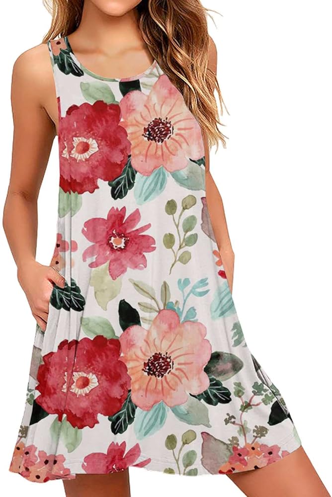 Women's Floral Tank Dress Summer Sleeveless Casual Tshirt Sundress for Beach Floral T-Shirt Dress for Women (Red-C, L)