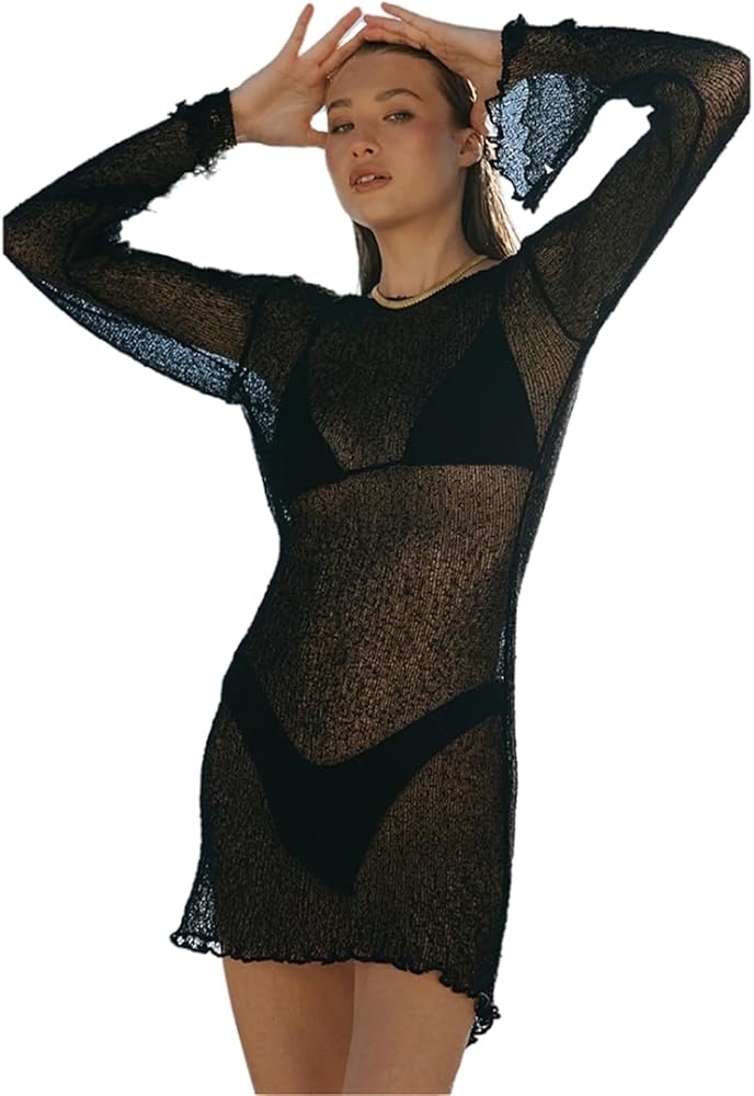 Women's Knit Hollow Out Sheer Long Sleeve Cover Up Short Dress Summer Swimwear