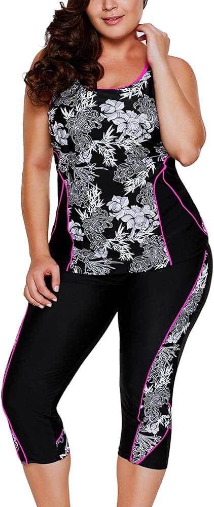 Womens 2pcs Floral Printed Racerback Tankini Swimsuits with Swim Capris Plus Size M-XXXXXL