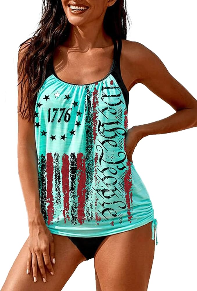 SECETKET American Flag Tankini Swimsuits for Women's Two Piece We The People Women 4th of July Bathing Suits