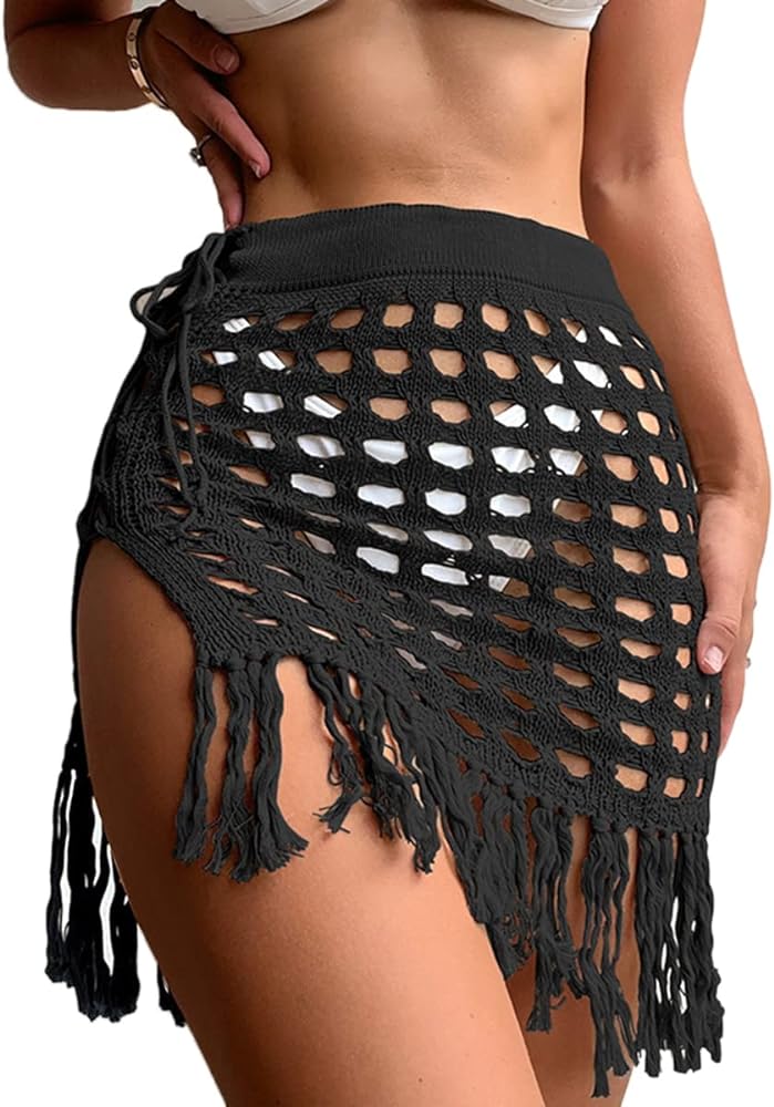 Women Crochet Cover Up Skirt High Waist Cutout Skirts with Fringe Lace-Up Side Mini Beach Cover Ups