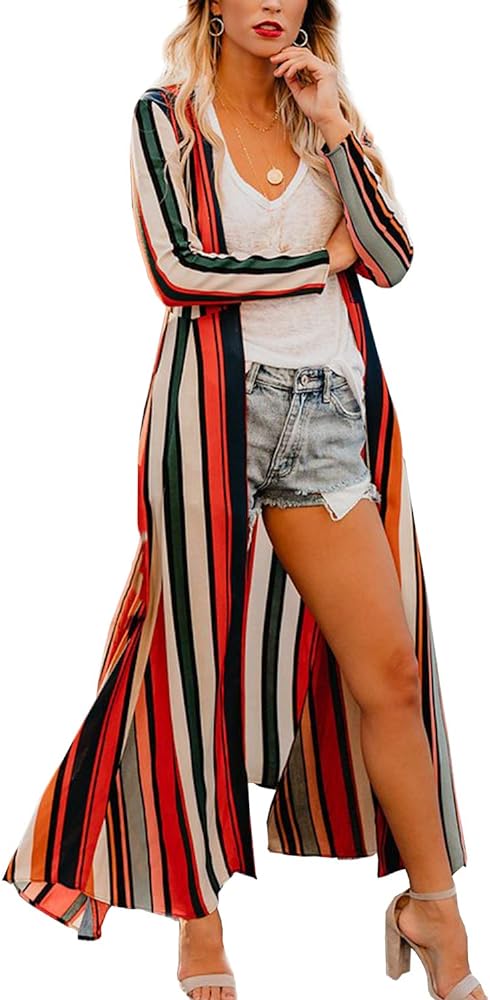 Chunoy Women's Chiffon Long Sleeve Loose Lightweight Kimono Cardigan Casual Beach Wear Outfit Cover Up Striped Small