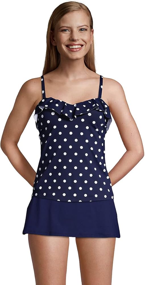 Lands' End Womens Chlorine Resistant Underwire Sweetheart Ruffle Tankini Top-Control Deep Sea Polka Dot Regular 6