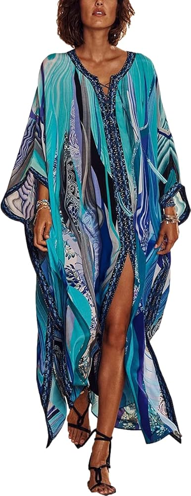 Women's Print Turkish Kaftan Casual Beach Kaftan Dress String Loungewear Caftan Swimsuit Cover Up Plus Size cover ups Beachwear Bikini Cover Up Maxi Dress for summer colors kaftan dress (8671-1 Blue)