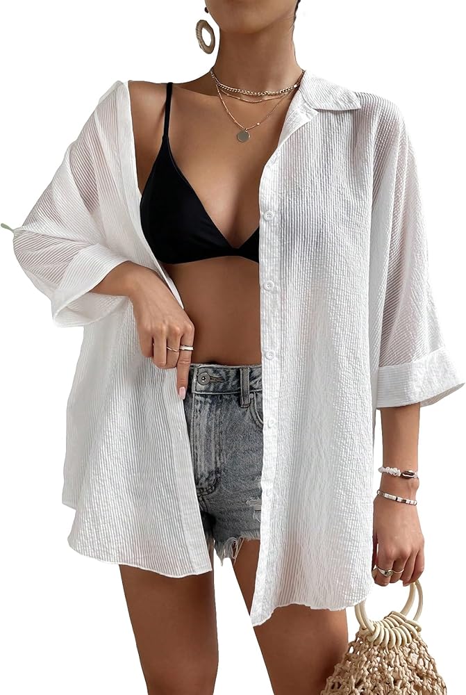 Floerns Women's Button Front 3/4 Sleeve Beachwear Sheer Kimono Cover Up