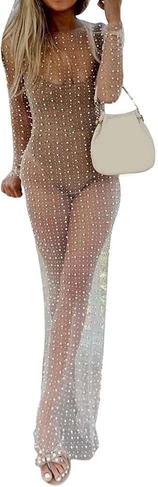 Women Pearl Rhinestone See Through Mesh Dress Long Sleeve Beach Cover Up Dress Summer Sexy Sheer Cover Ups