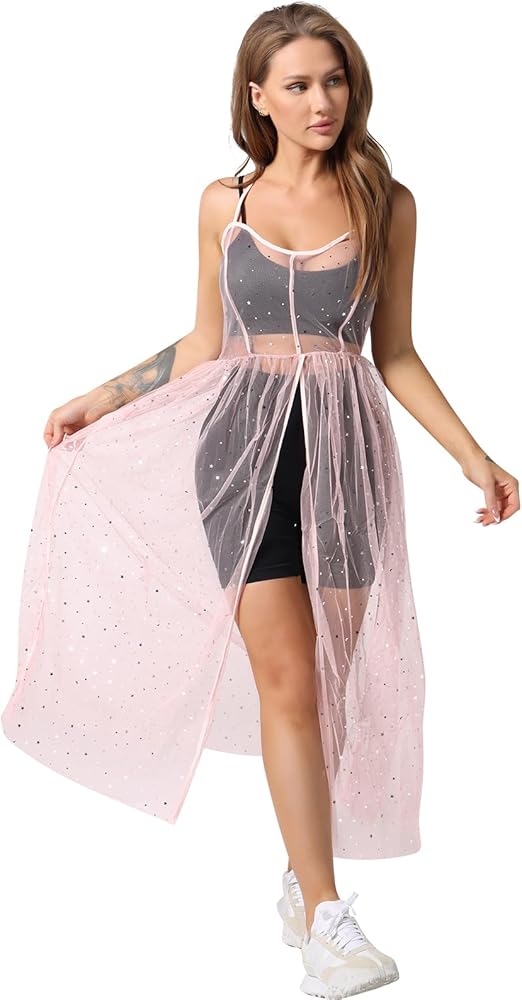 Women's Glitter Sequin Sheer Mesh Dress Maxi Long Split Fishnet Beach Swimsuit See Through Cover Ups Cocktail Clubwear