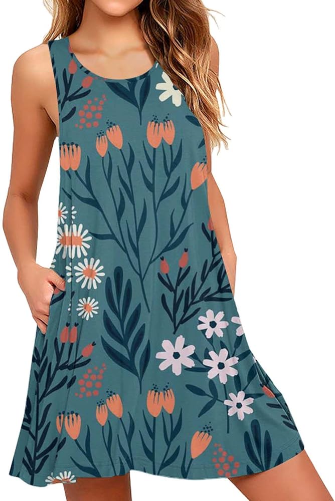 Women's Floral Tank Dress Summer Sleeveless Casual Tshirt Sundress for Beach Floral T-Shirt Dress for Women (Green-D, L)