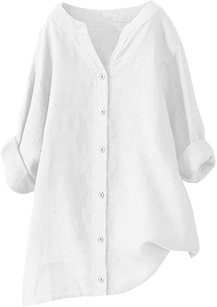 SNKSDGM Women's Linen Shirts V-Neck Button Down Blouses Floral Print Dressy Tshirts Long Sleeve Loose T Shirts