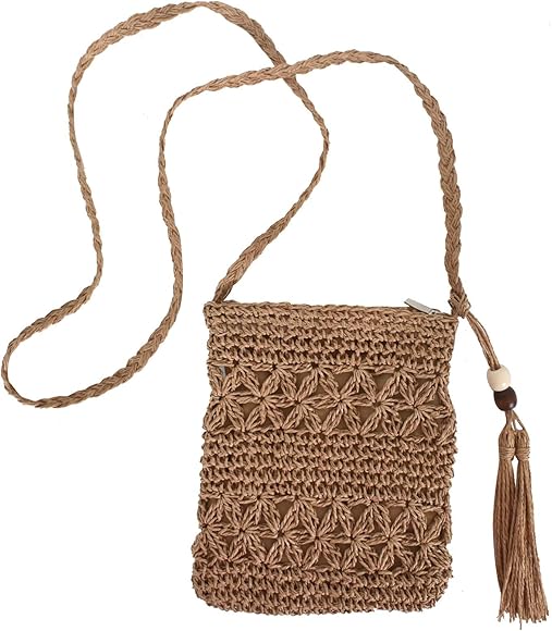 DecorDwell Bolso de Bandolera Paja, Bolso Mimbre Pequeño, Bolso Verano Paja Bohemio, Bolsos Tejidos Crochet, con Cremallera y Borla, para Vacaciones, Fiesta, Citas