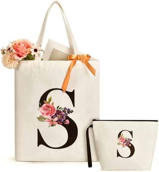 Aucuu 2 PCS Bolso Tote de Mujer, Letras Personalizadas Tote, Reutilizable Tote Bag de Lona, Exquisito Diseño de Letras y Flores Impresas, con Bolsillo Interior (Letra S)