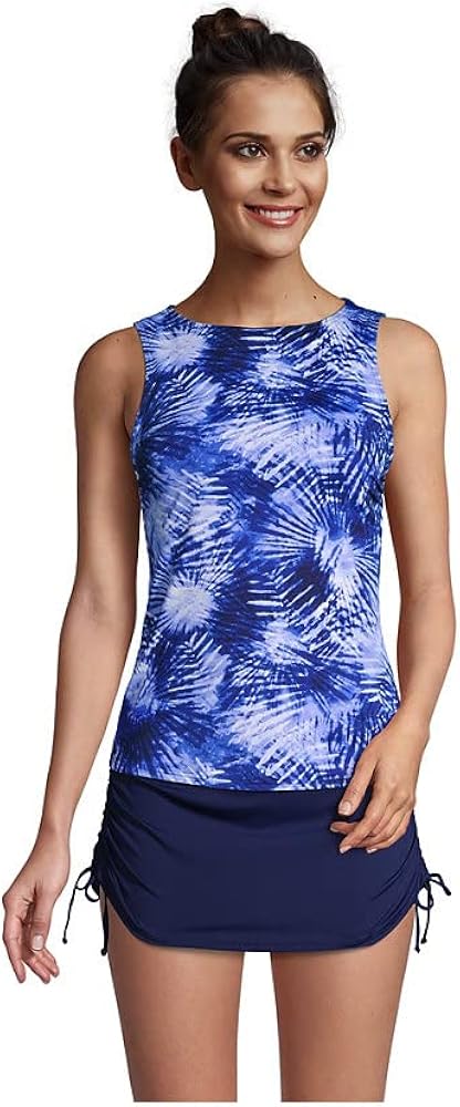 Lands' End Womens Chlorine Resistant High Neck Tankini Top Deep Sea Navy Tie Dye Palm D-Cup 10