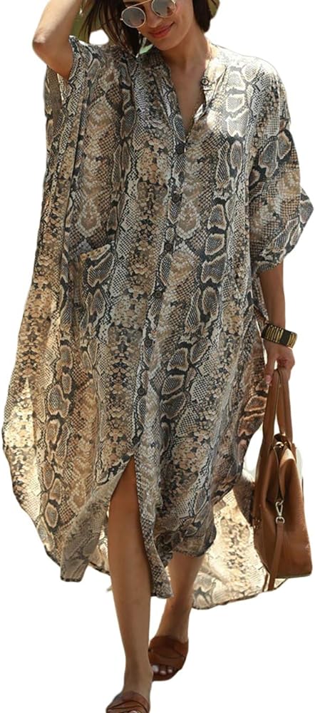 Bsubseach Women's Bikini Swimsuit Cover Ups Plus Size Caftan Dresses Button Up Beach Kaftan Shirt Dress