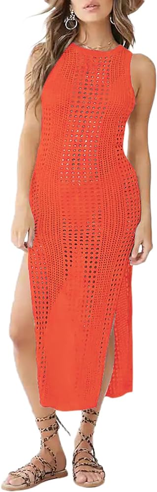 Bsubseach Crochet Cover Ups for Women Hollow Out Sleeveless Bikini Swimsuit Swimwear Side Split Long Beach Dresses