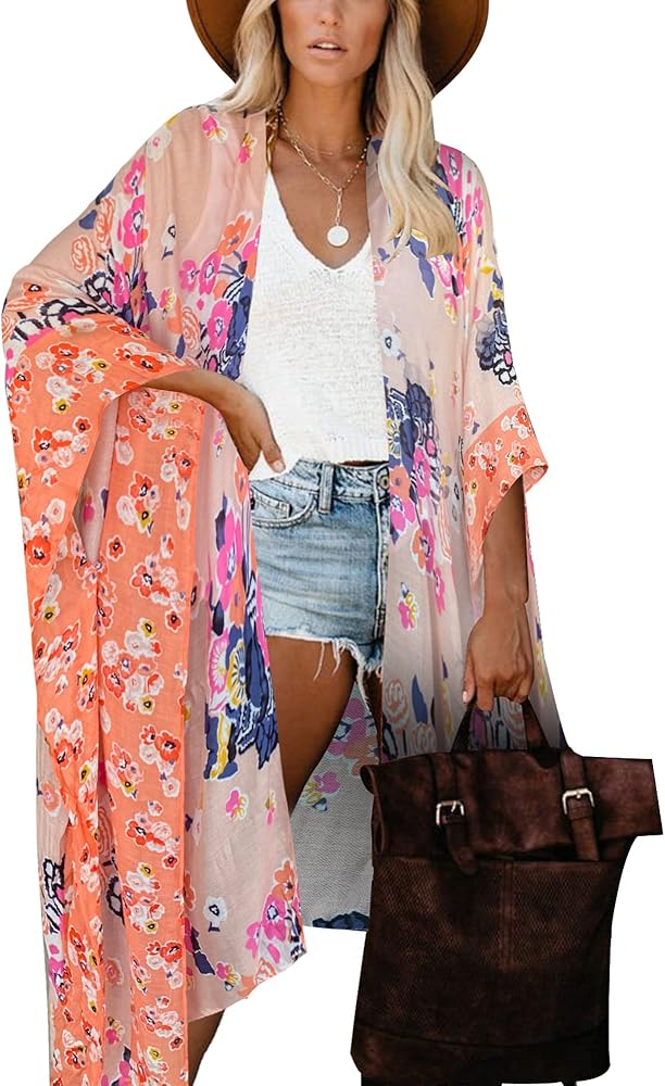 Moss Rose Women's Beach Cover up Swimsuit Kimono with Bohemian Floral Print, Loose Casual Resort Wear