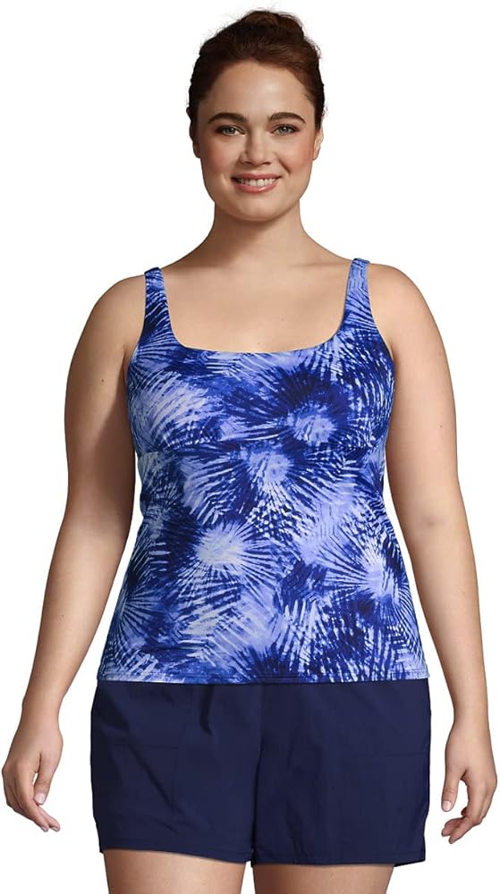 Lands' End Womens Chlorine Resistant Square Neck Tankini Top Deep Sea Navy Tie Dye Palm DDD-Cup Plus 20w