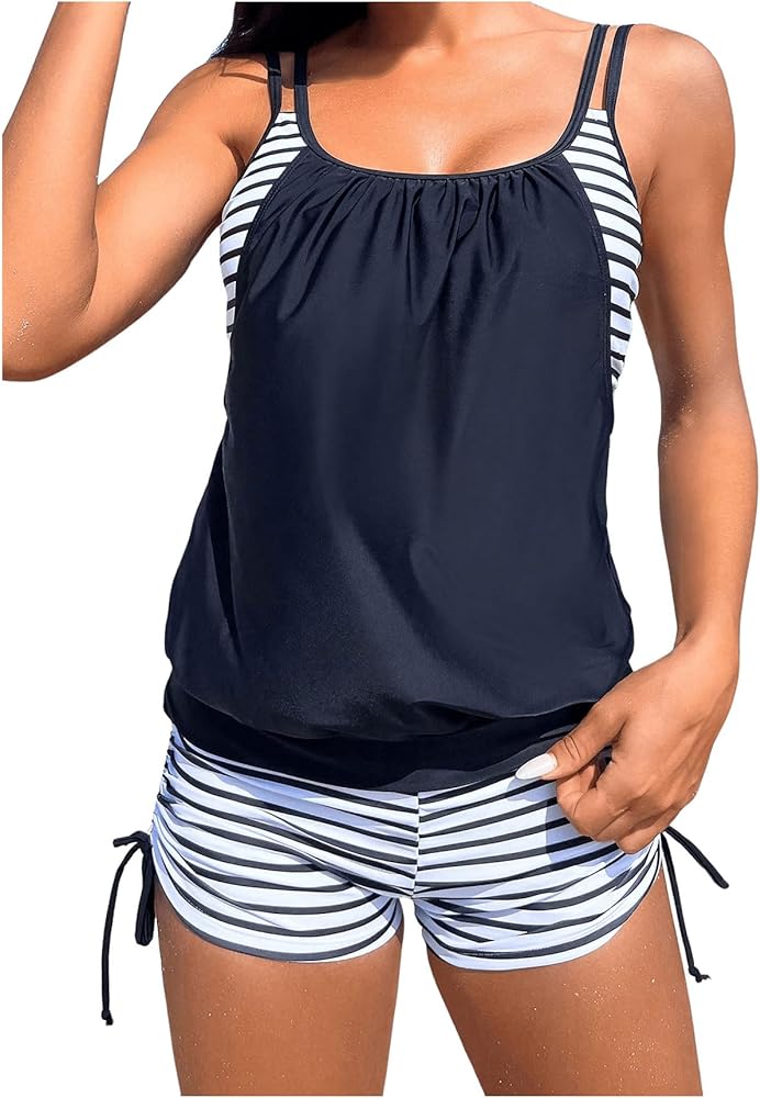 GORGLITTER Women's 2 Piece Striped Tankini Swimsuits Cut Out Strappy Tankini Top and Shorts Tummy Control Bathing Suit