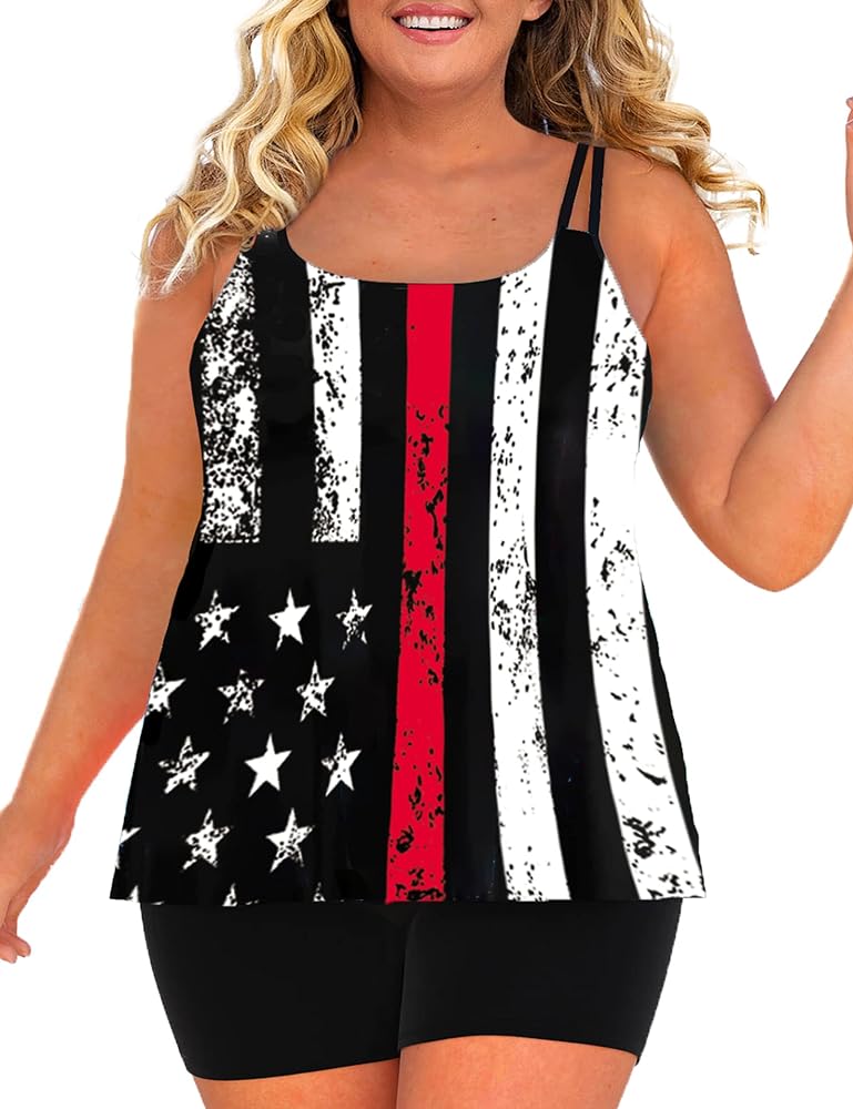 SECETKET Two Piece Swimsuit for Women Plus Size American Flag Print 4th of July High Waist Tankini Bathing Suits