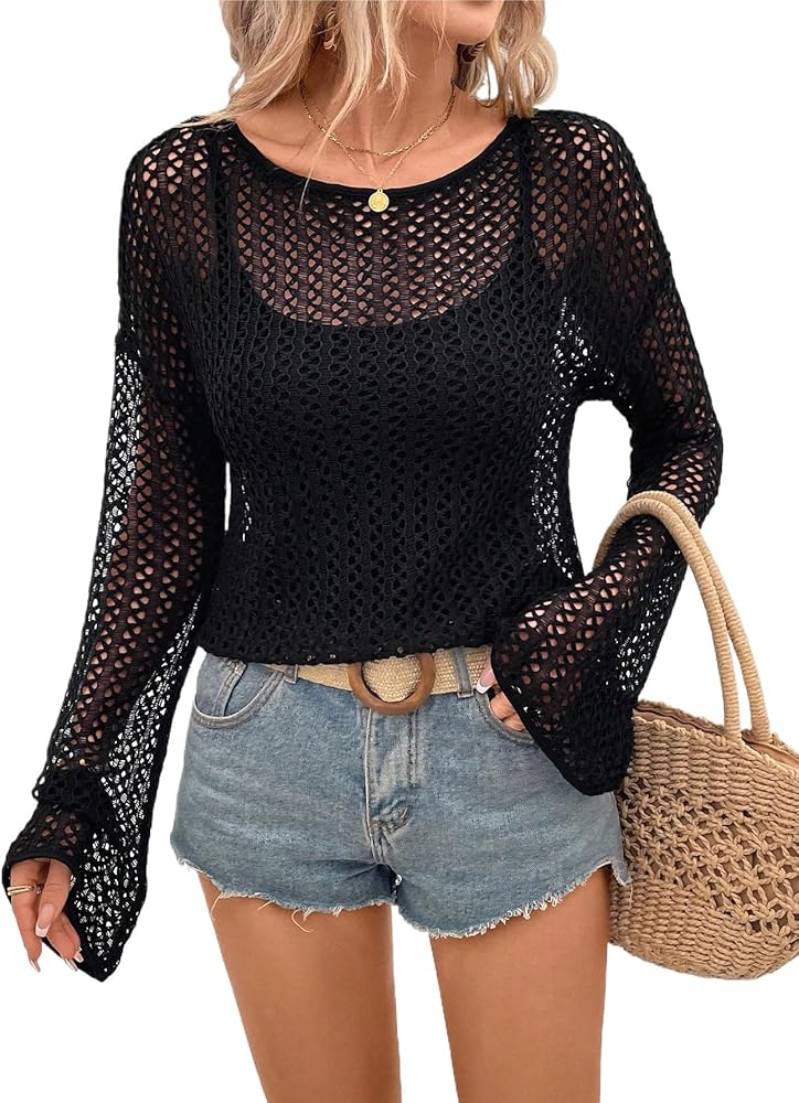 SHENHE Women's Crochet Cover Up Hollow Out Sheer Long Sleeve Vacation Beachwear