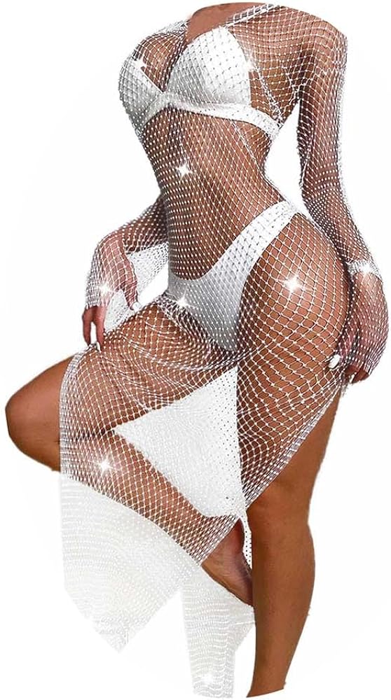 Fstrend Rhinestone Mesh Dress Sparkly Crystal Fishnet Skirt l Summer Beach Rave Festival Outfit for Women