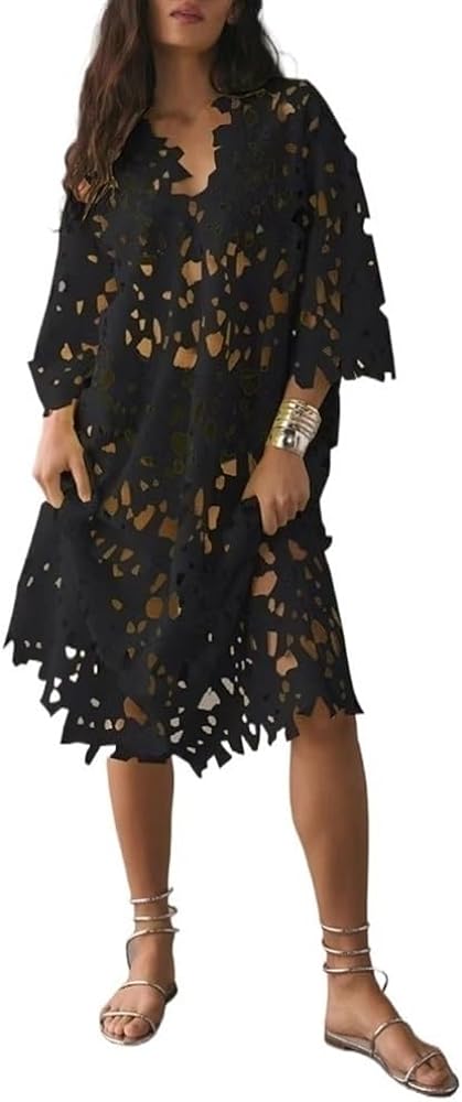 Women's Crochet Cover Ups Hollow Out Bikini Swimwear Cover Ups V Neck Long Sleeve Lace See Through Dress