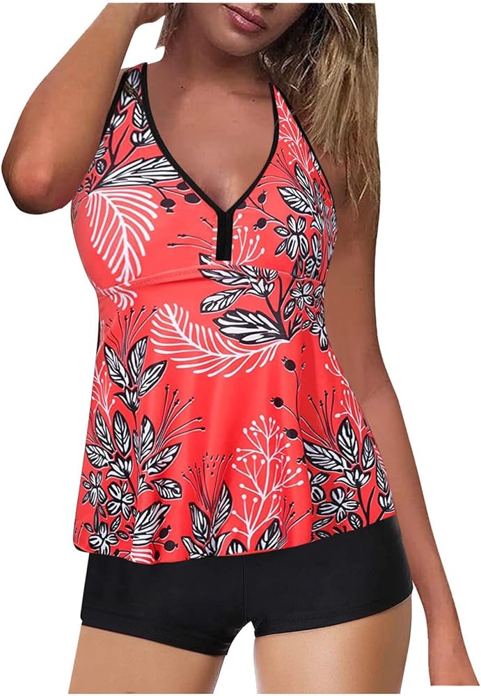 Swim Suits for Women 2024 Two Piece Tankini Tummy Control Bathing Suits Flowy Tankini Top with Boy Shorts