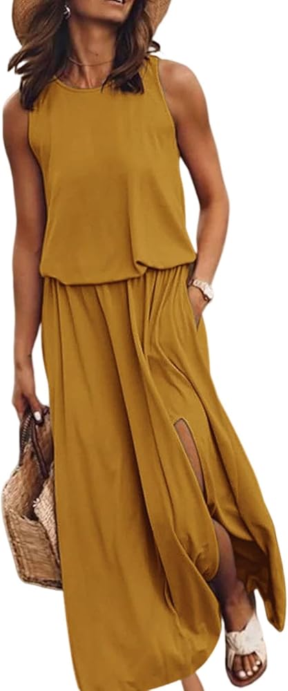 Dokotoo Womens Summer 2024 Beach Dresses Casual Maxi Dresses Sleeveless Tank Sun Dress with Pockets