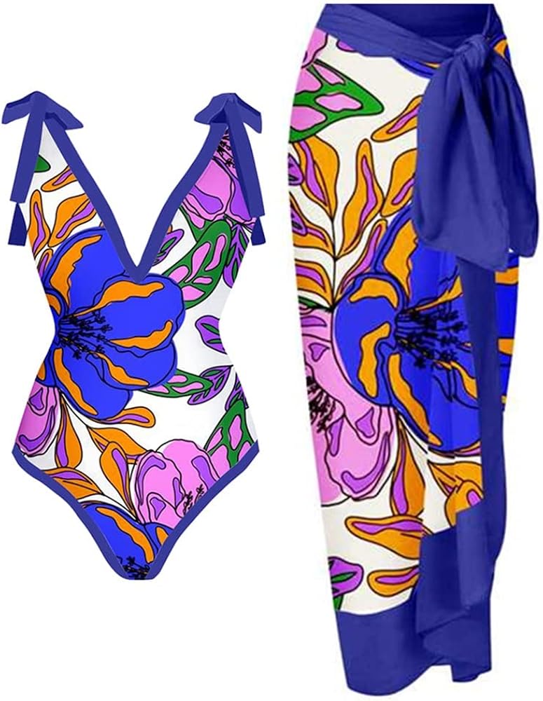 DFHBFG Printed Bikini Set Lace Up Piece Swimsuit with Cover-ups Backless V-neck Swimwear Swimming Suit