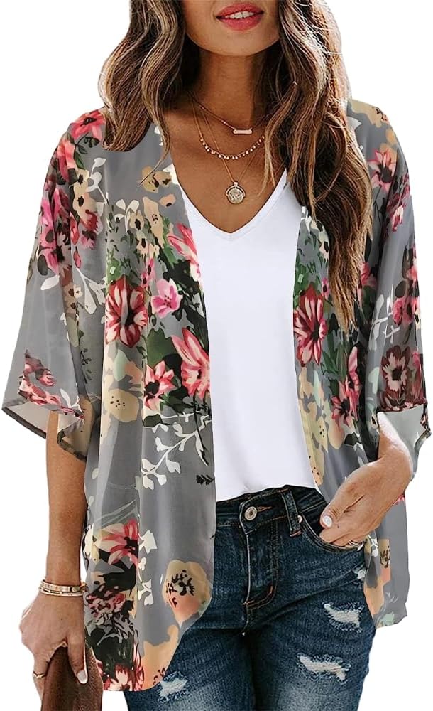 Women's Floral Print Puff Sleeve Kimono Cardigans Casual Sun Protection Blouse Tops Thin Loose Swimsuit Cover Ups