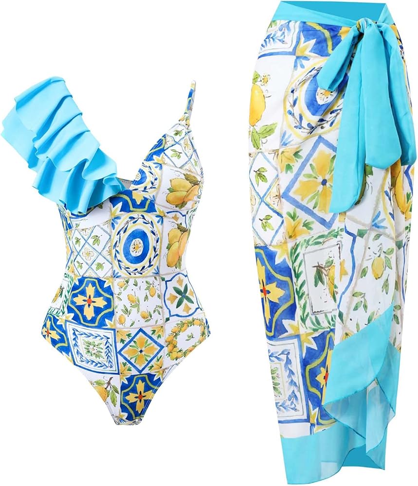 Women's One Piece Swimsuits with Swimsuit Coverup, V-Neck Ruffle Bathing Suit + Bathing Suit Cover Ups, Beach Sarong Monokini