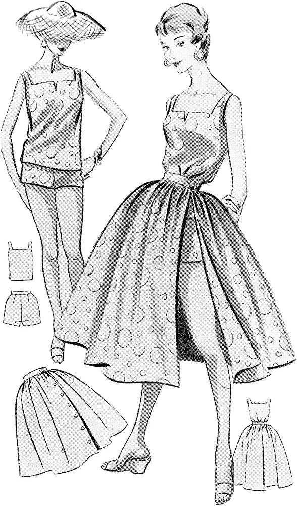 Vintage 1950s Pattern – Beach Top, Dress, Shorts & Over-Skirt Outfit - Bust: 32” (81.3cm)