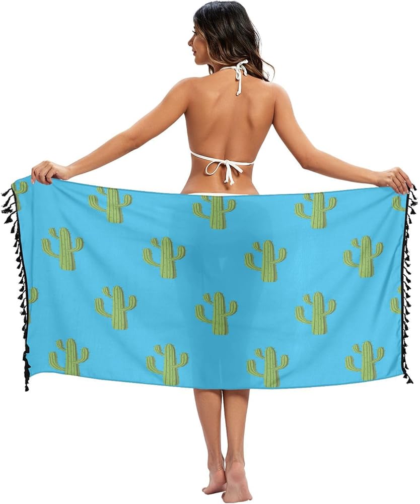 Cartoon Cactus Women's Beach Sarong Coverups Summer Bikini Swimsuit Wrap Skirts with Tassels