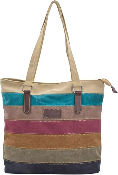 Shengxi Multicolor Rayas Bolsa Tote Mujeres de Lona Bolso de Mano Bolso de Hombro de Lona Grande Vintage Bolsos Mano para Compras Viajes Escolares Trabajo