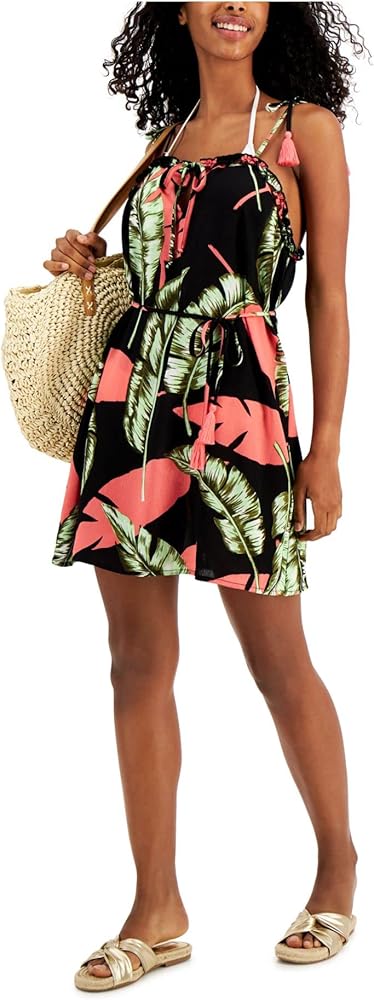 Miken Women's Black Tropical Print Ruffle Trim Belted Deep V Neck Swimsuit Cover Up XS