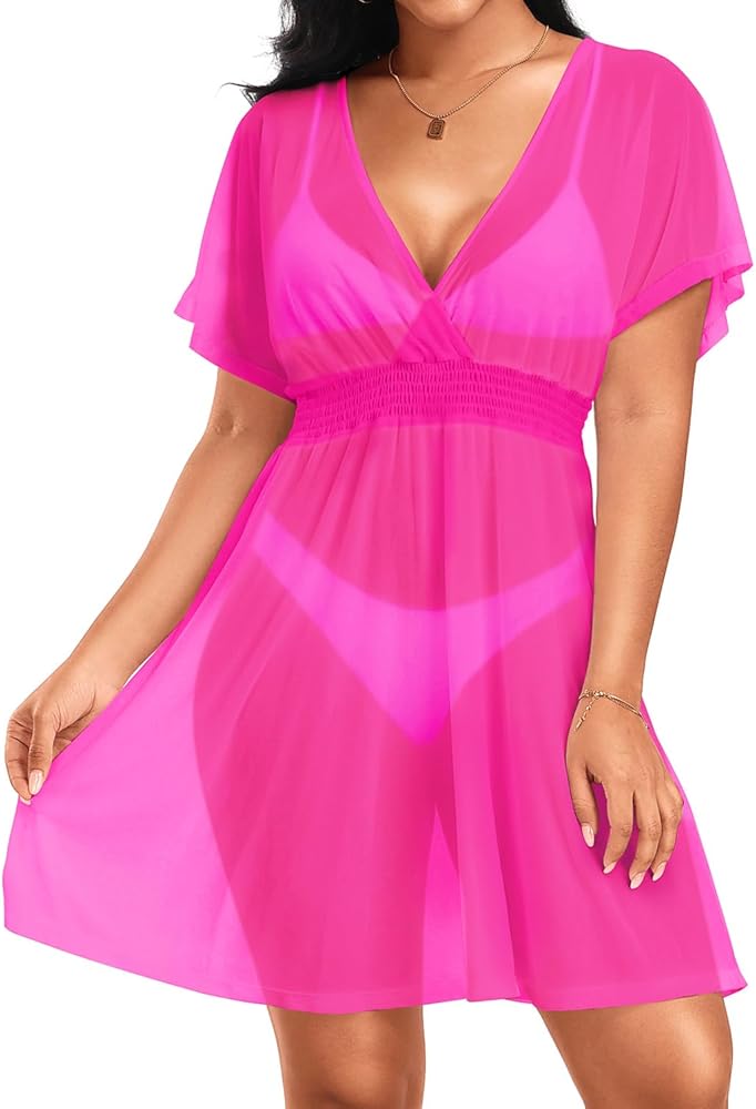 Pinup Fashion Swimsuit Coverup Women Sheer Smocked Wasit Mesh Beach Cover Dress