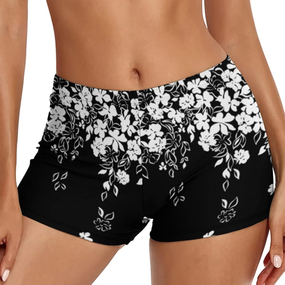 Women High Waisted Swim Shorts Floral Print Hawaiian Tankini Boyshorts Bikini Bottoms Tummy Control Swimsuit Bottom