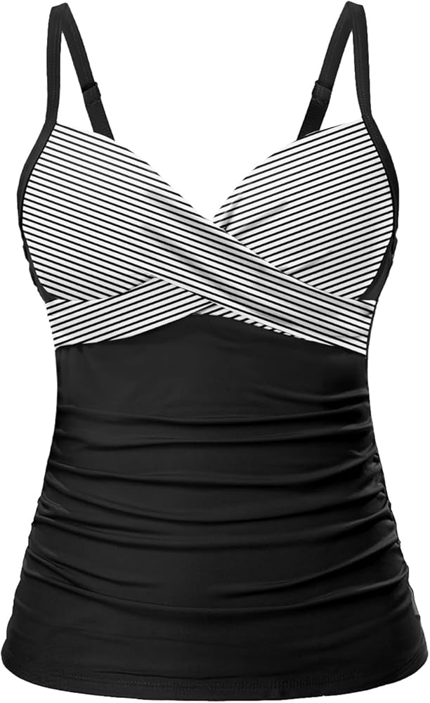 Tempt Me Women’s Black Stripe Underwire Tankini Top Tummy Control Swim Tops Only Twist Front Push Up Bathing Suit No Bottom L