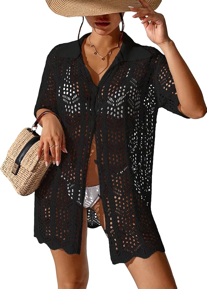 SOLY HUX Women's Button Down Hollow Out Crochet Swimsuits Cover Ups Kimono Short Sleeve Sheer Beach Cover Up