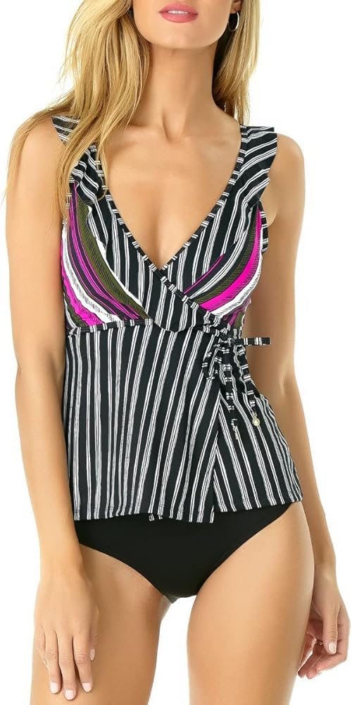 Anne Cole Sketchbook Shoulder Flounce Wrap Tankini Top