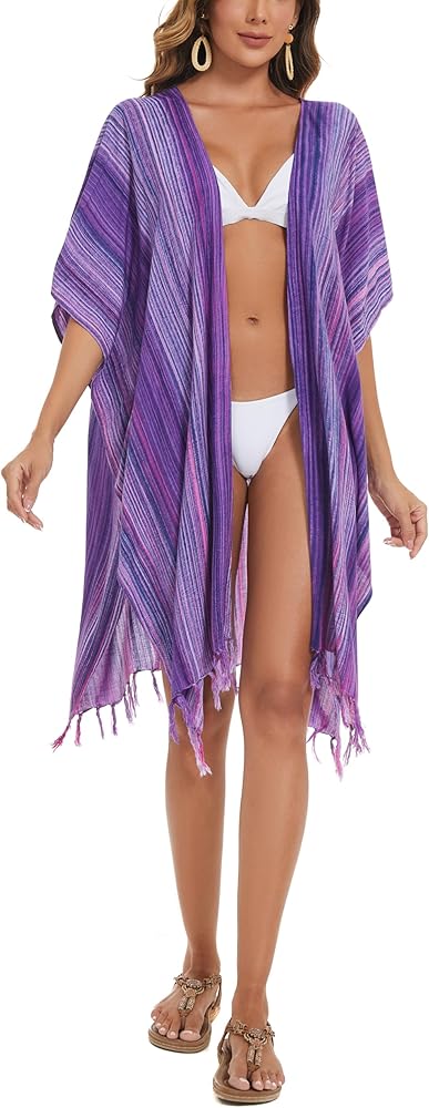 Multicoloured Women HIPPIE Gypsy Stripe Printed Kimono Cardigan Shawl Wrap Swimsuit Cover Up Jacket One Size