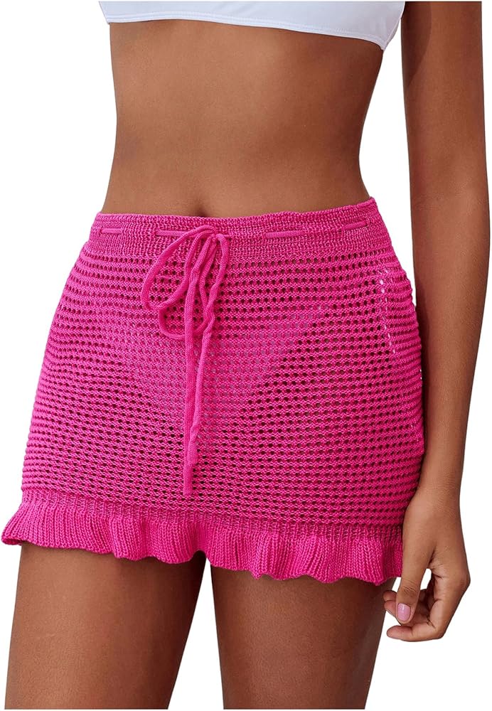 SHENHE Women's Drawstring Swim Cover Up Skirt Ruffle Hem Crochet Hollow Out Beach Skirt