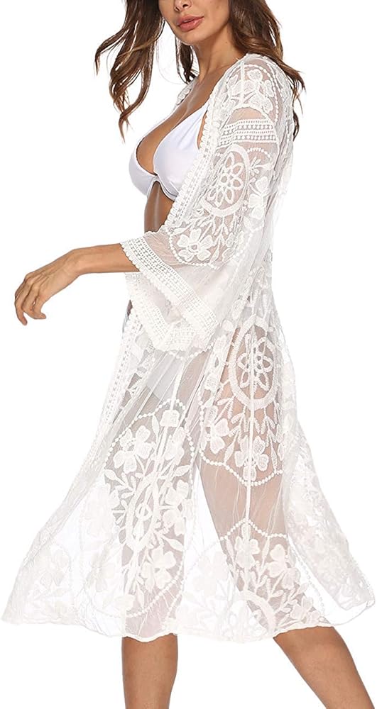 Women's Lace Beach Blouse Crochet Hollow Out Bikini Cover Up See Through Long Sleeve Beach Cardigan