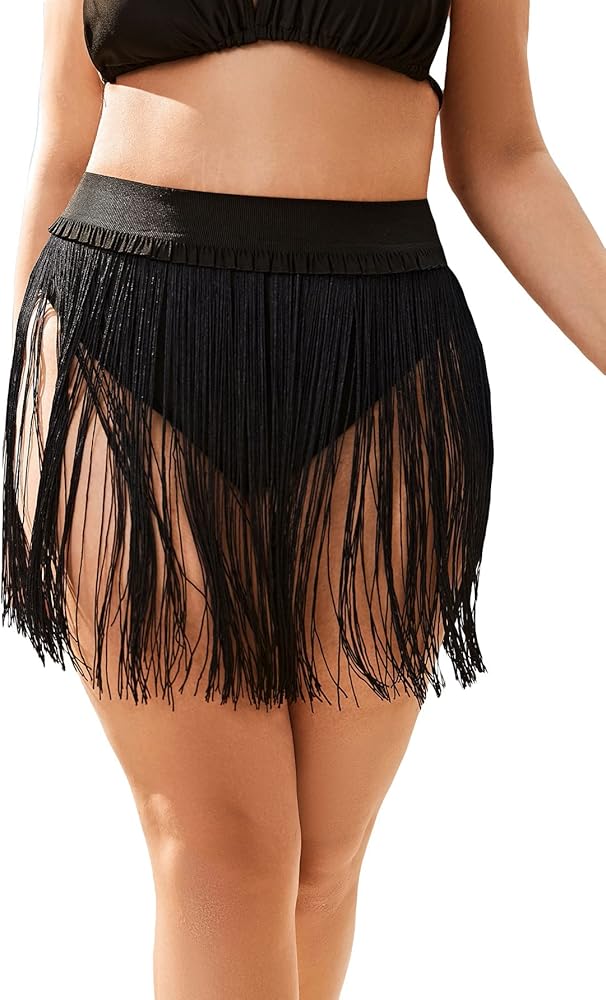 OYOANGLE Women's Plus Size Solid Fringe Hem Beach Cover Up Skirt Summer Swimwear Mini Skirt